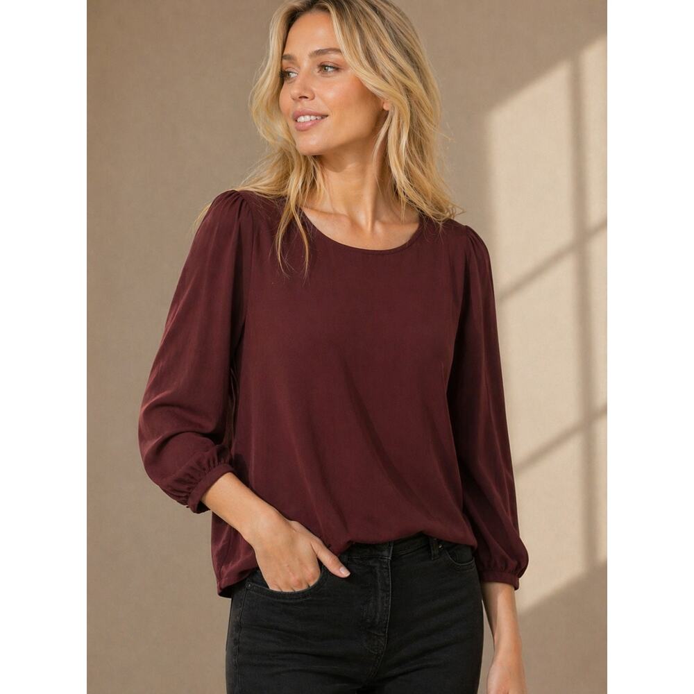 LR1107 LC Lauren Conrad Burgundy Blouse XL Balloon Sleeve Tunic Top